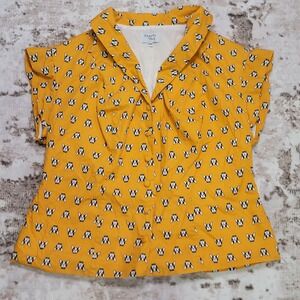 Mod Retro Vibes French Bulldog Graphic Print Blouse Mustard Yellow 3X Button Up